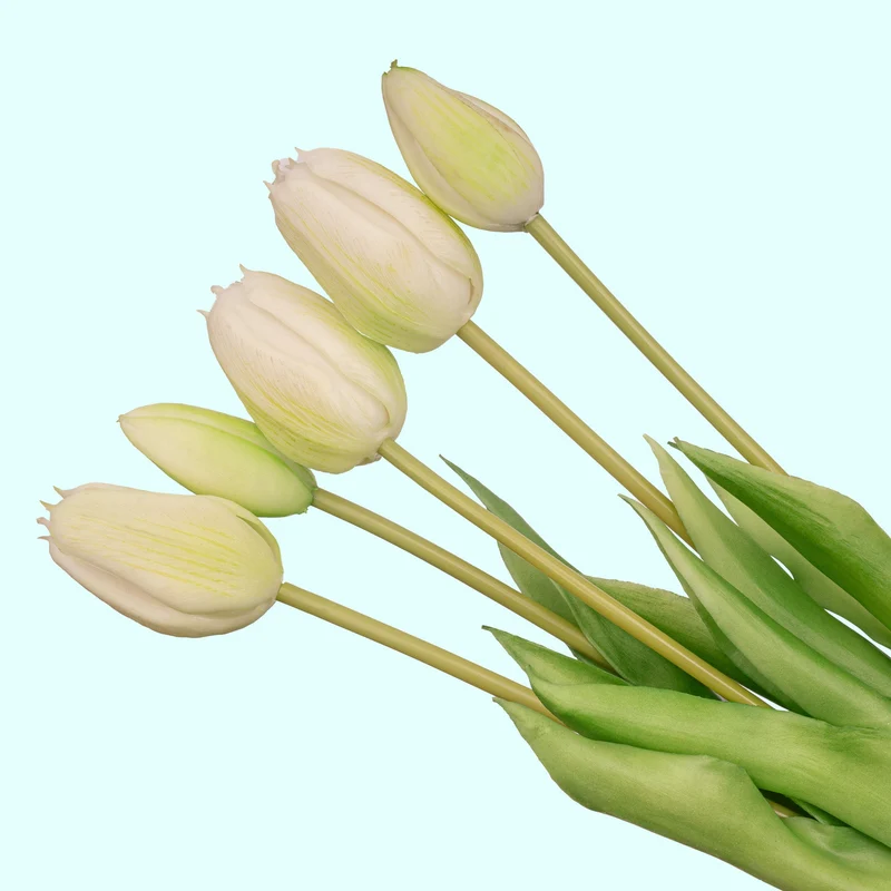 Tulip bouquet – 10 pieces – Mixed colours – ‘Real Touch’ artificial tulips – 42 cm (white/green)