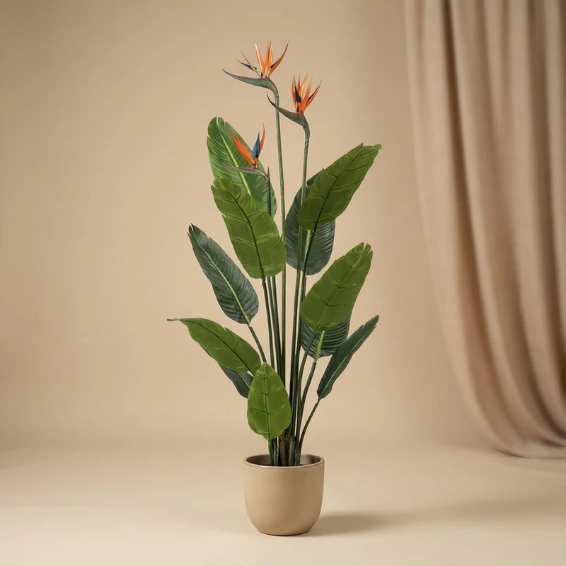 Strelitzia with Flowers – 120 cm – In Black Pot – Artificial Plant