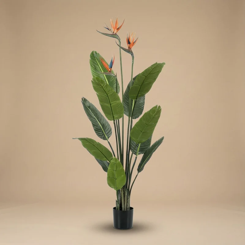 Strelitzia with Flowers – 120 cm – In Black Pot – Artificial Plant