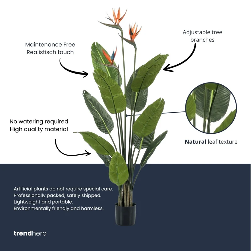 Strelitzia with Flowers – 120 cm – In Black Pot – Artificial Plant