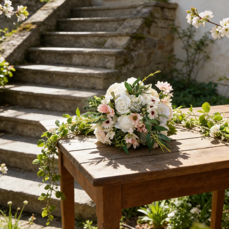 Romantischer Natur-Brautstrauß mit weißen Rosen und Pfingstrosen - Kunstblumen