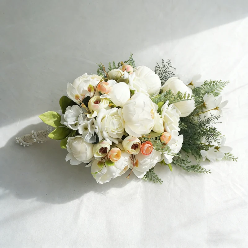 Eleganter Kunst-Pfingstrose-Rosen Brautstrauß Tropfenform, Wiederverwendbarer Hochzeitsstrauß für Braut, Stilvoll & Langanhaltend