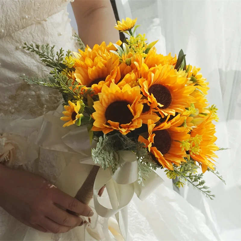 Lebendiger Sonnenblumen Brautstrauß aus Kunstblumen, Perfekt für Outdoor-Hochzeiten, Wiederverwendbar & Stilvoll