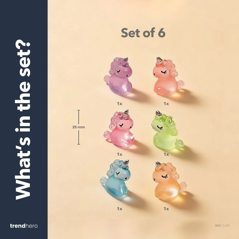 Unicorns - Set of 6 - Miniature Figurines - Glow in the dark - Multicolor ↑ 2,5 cm