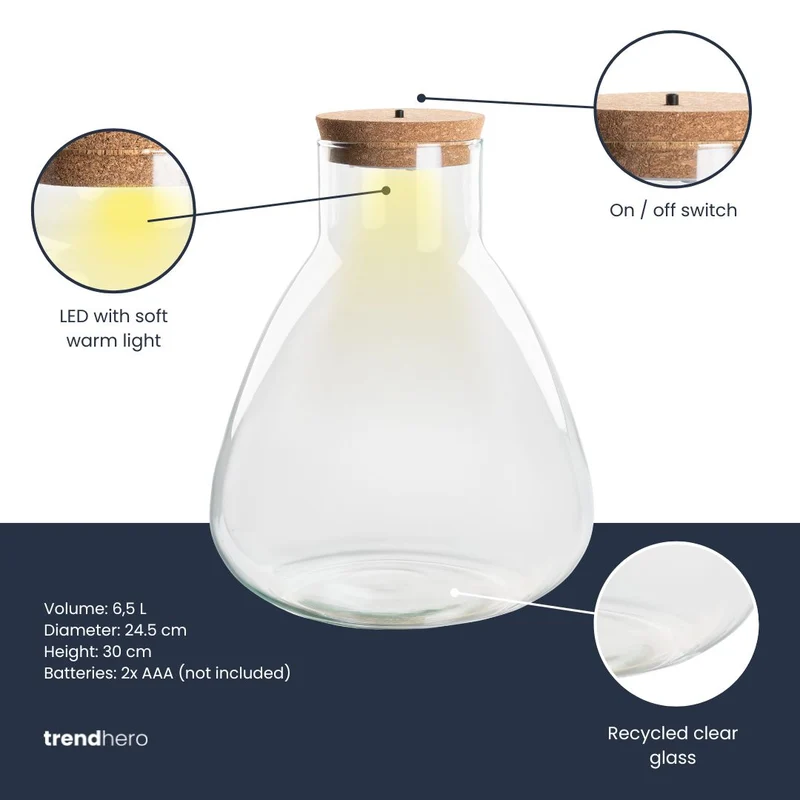Terrarium bottle 'Sam' - Incl. LED cork - Closed terrarium Ø 24.5 cm ↑ 30 cm
