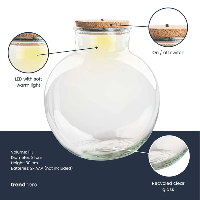 Terrarium bottle 'Bolder Bob' - Incl. (LED) cork - Closed terrarium Ø 30 cm ↑ 31 cm