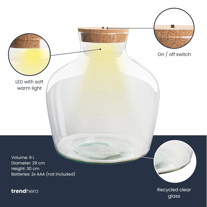 Terrarium bottle 'Fat Joe' - Incl. LED cork - Closed terrarium Ø 29 cm ↑ 30 cm