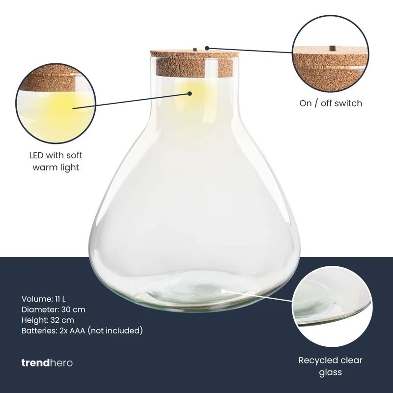 Terrarium bottle 'Sam XL' - Incl. LED cork - Closed terrarium Ø 30 cm ↑ 32 cm