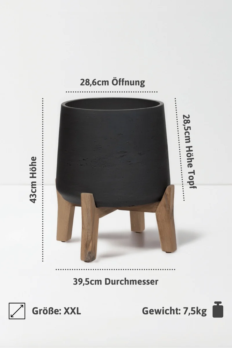 Blumentopf Patt Schwarz aus Ton, mit niedrigen Füßen