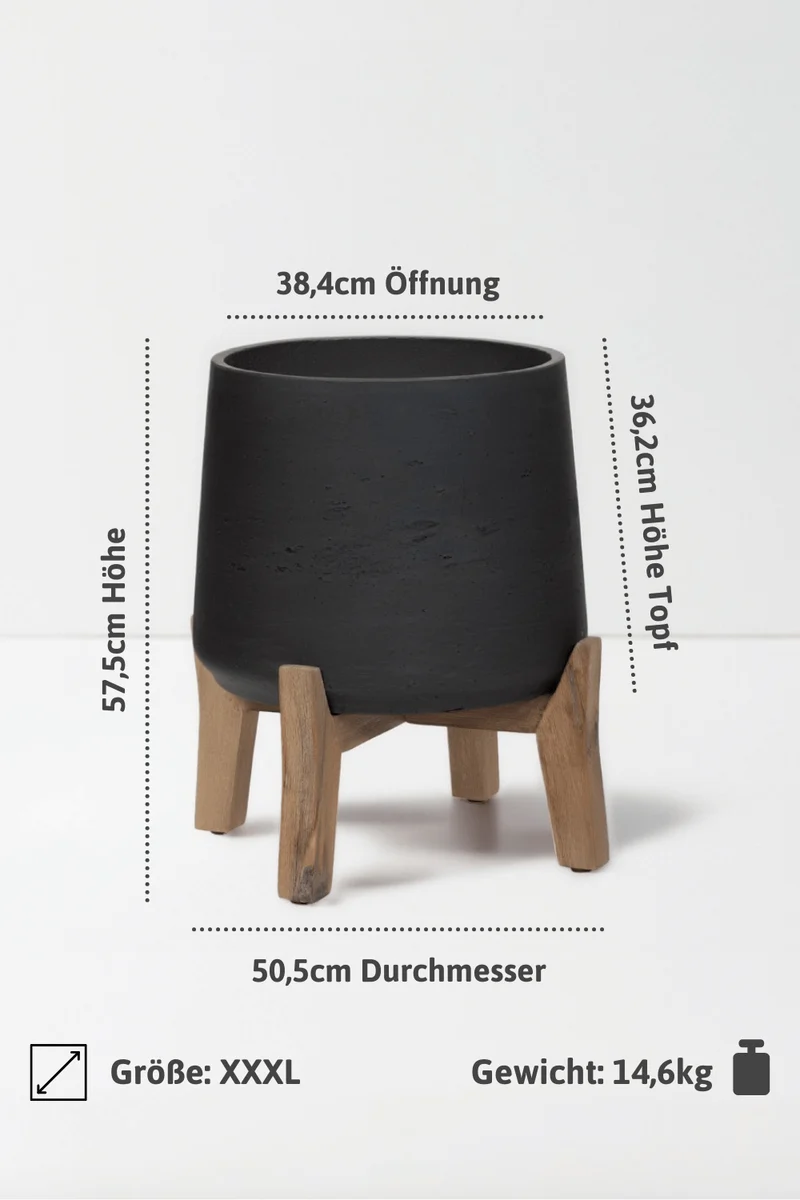 Blumentopf Patt Schwarz aus Ton, mit niedrigen Füßen