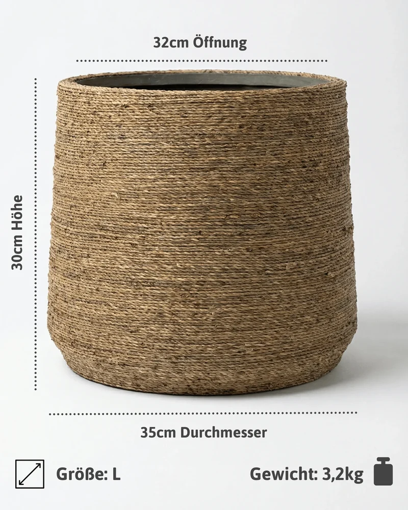 Pflanzkorb Patt aus handgewebtem Strohgras mit Zementkern