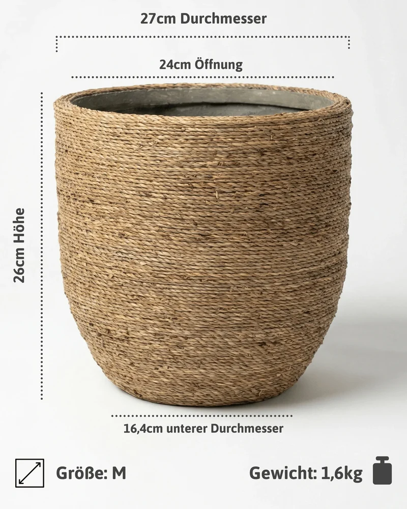 Pflanzkorb Cody aus handgewebtem Strohgras mit Zementkern