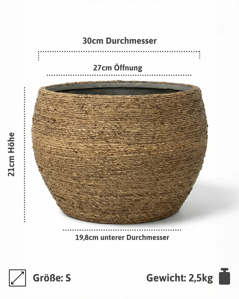 Pflanzkorb Abby aus handgewebtem Strohgras mit Zementkern