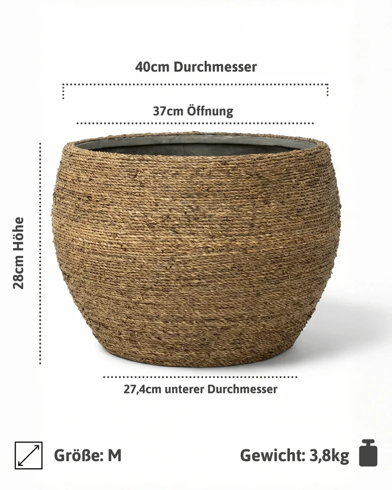 Pflanzkorb Abby aus handgewebtem Strohgras mit Zementkern