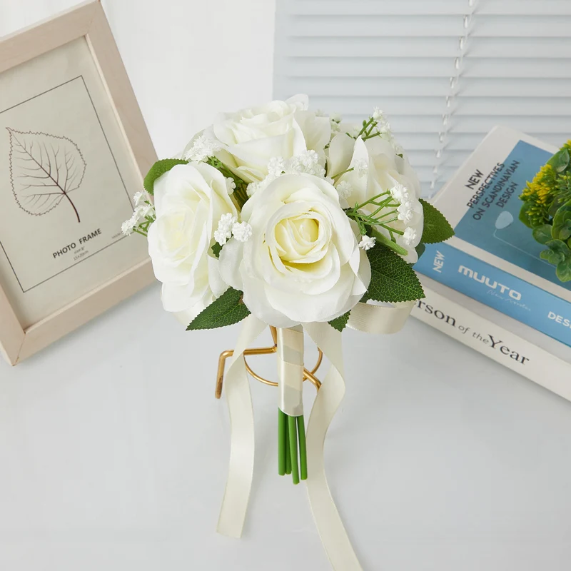 Hochzeitsstrauß aus künstlichen Rosen und Baby’s Breath, 27,5 cm, aus Seidenstoff