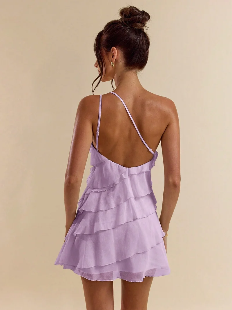 Asymmetrisches, rückenfreies Minikleid mit Volants | La Parisienne