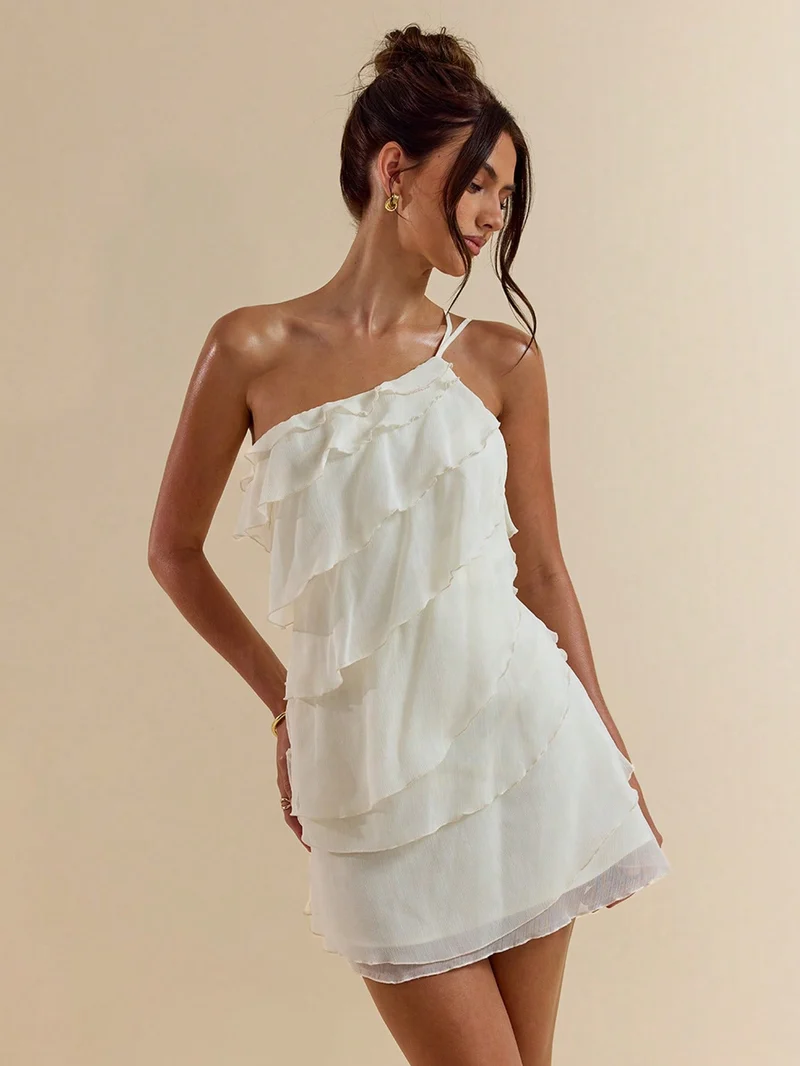 Asymmetrisches, rückenfreies Minikleid mit Volants | La Parisienne