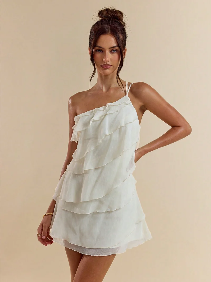 Asymmetrisches, rückenfreies Minikleid mit Volants | La Parisienne