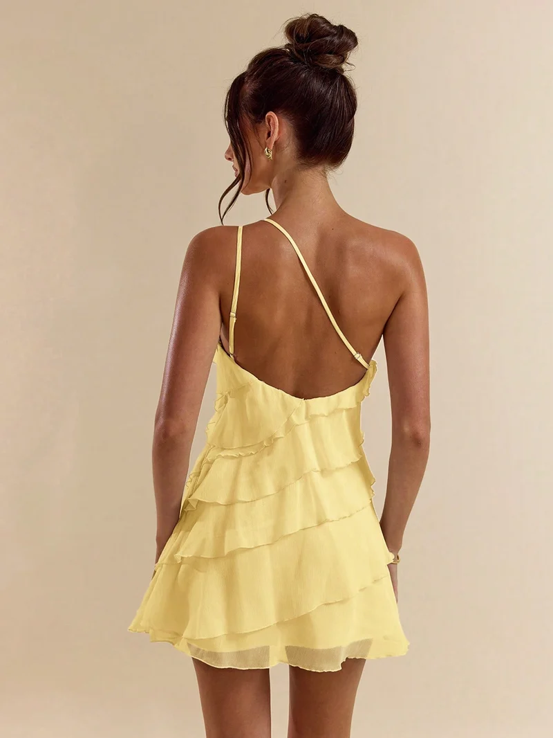 Asymmetrisches, rückenfreies Minikleid mit Volants | La Parisienne