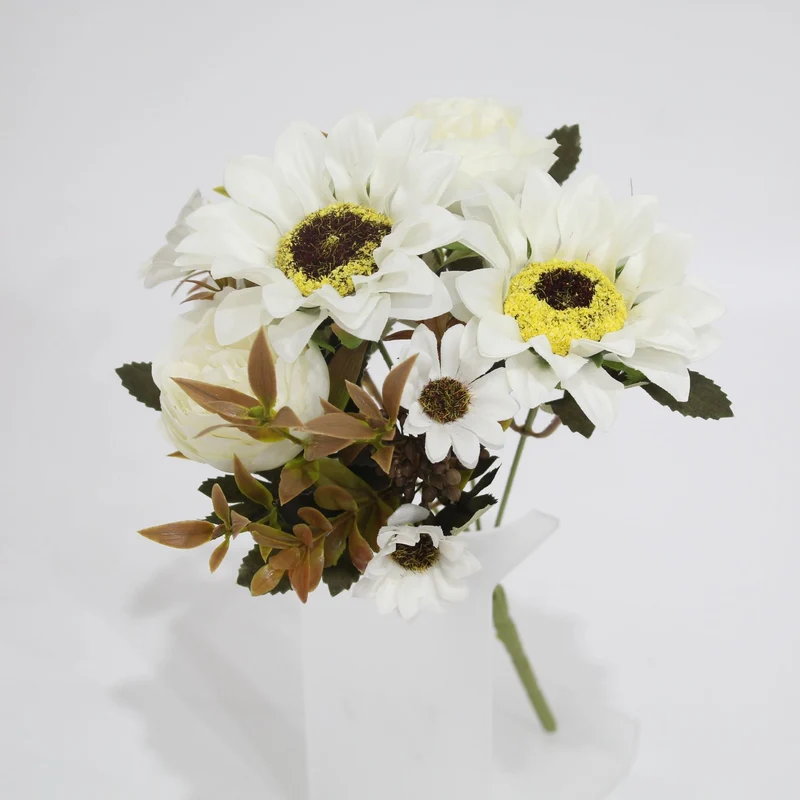 32 cm künstliche Sonnenblumen, Pfingstrosen und Gänseblümchen, Strauß mit 8 Blüten, für Haushalt und Gewerbe