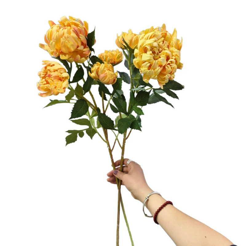 Künstliche Dahlie Goldsieber, Einzelstiel mit 3 Blüten, 68 cm, Seidenstoff, für Hochzeit, Dekoration, Shopauslage