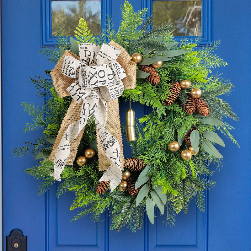 Weihnachts-Tannenzapfen-Glocken-Kranz, Türdekoration, 45 cm Durchmesser, Landhausstil, Kunststoff & Metall & Naturmaterialien