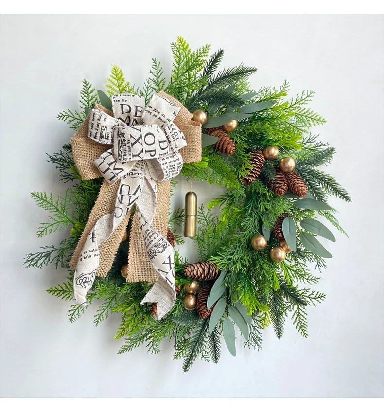 Weihnachts-Tannenzapfen-Glocken-Kranz, Türdekoration, 45 cm Durchmesser, Landhausstil, Kunststoff & Metall & Naturmaterialien