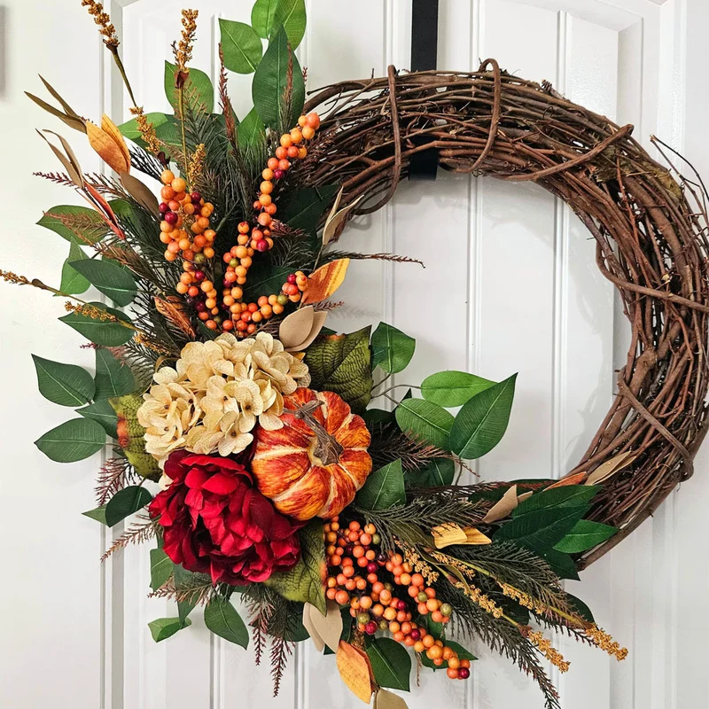 Herbstlicher Hydrangea-Kürbis-Floralkranz, 40 cm, Wandleuchter-Deko für Hochzeit & Shop