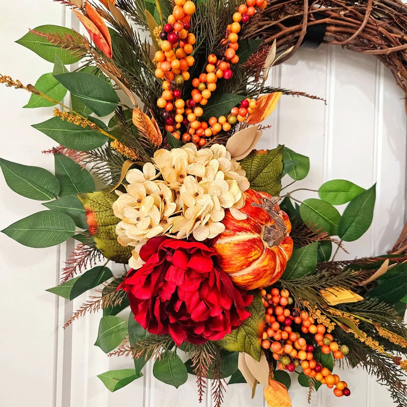 Herbstlicher Hydrangea-Kürbis-Floralkranz, 40 cm, Wandleuchter-Deko für Hochzeit & Shop
