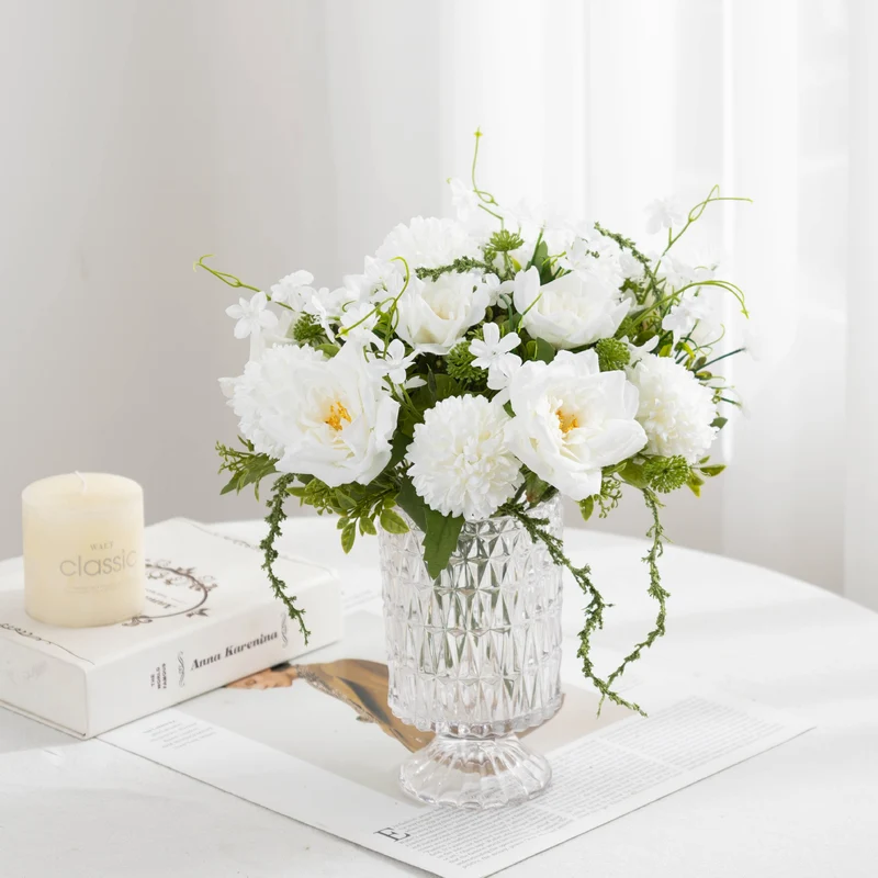 28 cm künstliche Rosenstrauß mit Chrysanthemen und Millet, Kunststoff, 5 Blüten, für Hochzeiten und Innendekoration