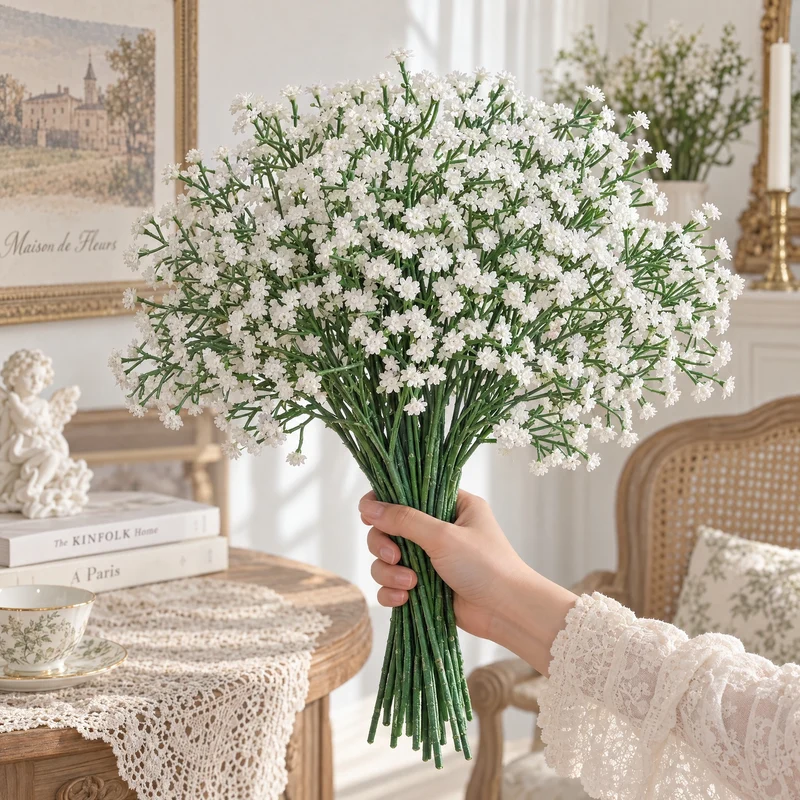10er Set künstliche Gypsophila (Schleierkraut) Stiele – 27 cm, Silikon, Hochzeit Dekoration, Floristik, Innenraum, weiß & himmelblau