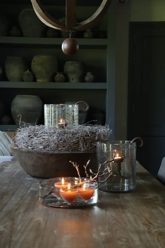 Transparant windlicht met metalen schilfers - H23 x B19 cm