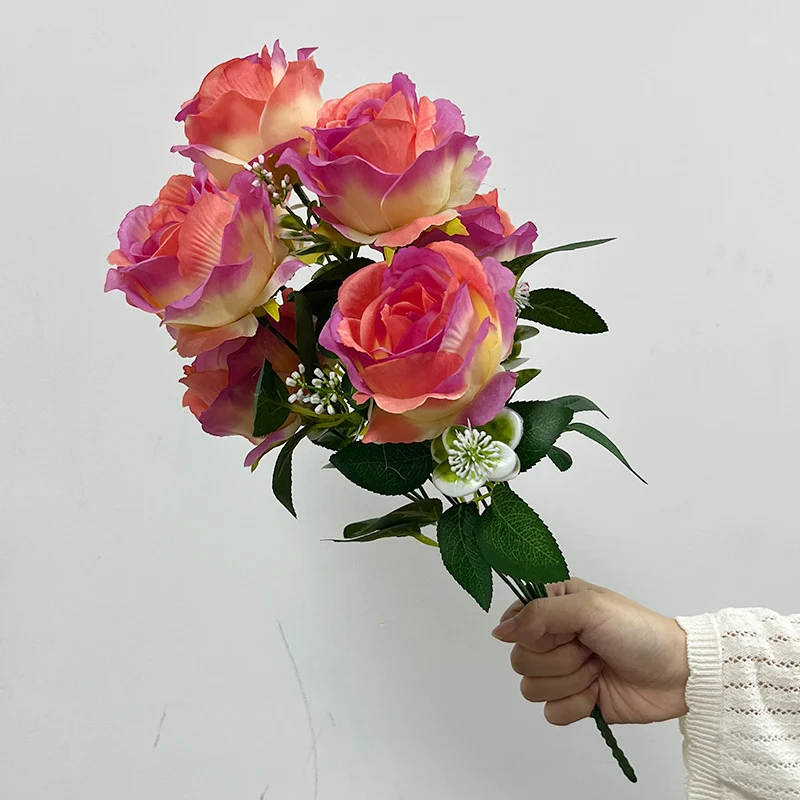7-köpfige künstliche Seidenrose, 43 cm, Hochzeit Dekoration, Grabschmuck, Innenraum, langlebig, allergenfrei