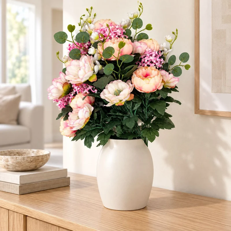 24-teiliger künstlicher Pfingstrosen-Blumenstrauß, 55 cm hoch, Hochzeitsdeko, Grabschmuck, langlebig, allergenfrei