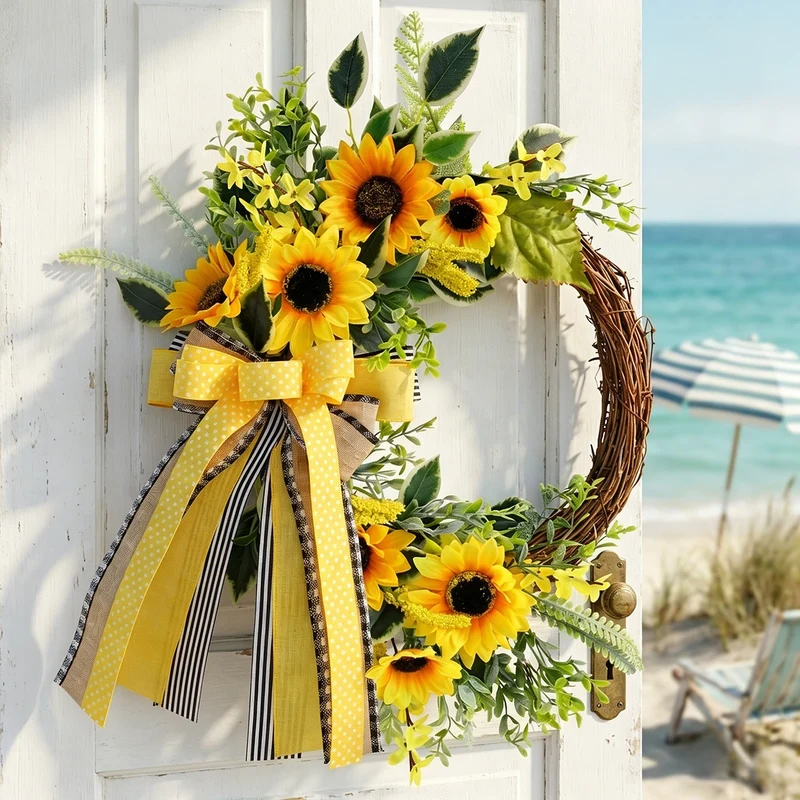 Künstlicher Sonnenblumen-Halbkranz mit Bienen, 45 cm, Herbst-Dekoration, Türschmuck aus Kunststoff