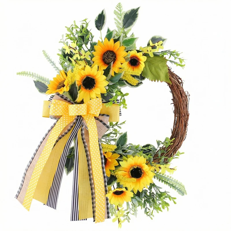 Künstlicher Sonnenblumen-Halbkranz mit Bienen, 45 cm, Herbst-Dekoration, Türschmuck aus Kunststoff
