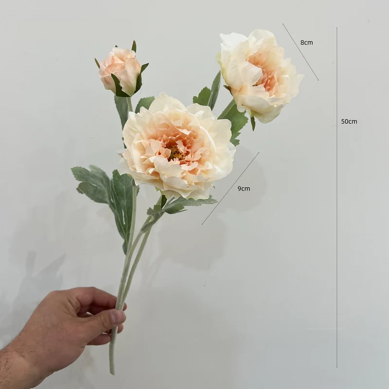 Künstliche Pfingstrose, 1 Stiel mit 3 Blüten, 50 cm hoch, Seidenstoff, für Innenraum-Deko, Hochzeit, Event, Ladenlokal
