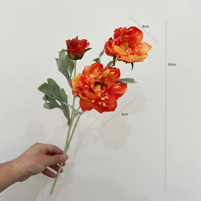 Künstliche Pfingstrose, 1 Stiel mit 3 Blüten, 50 cm hoch, Seidenstoff, für Innenraum-Deko, Hochzeit, Event, Ladenlokal