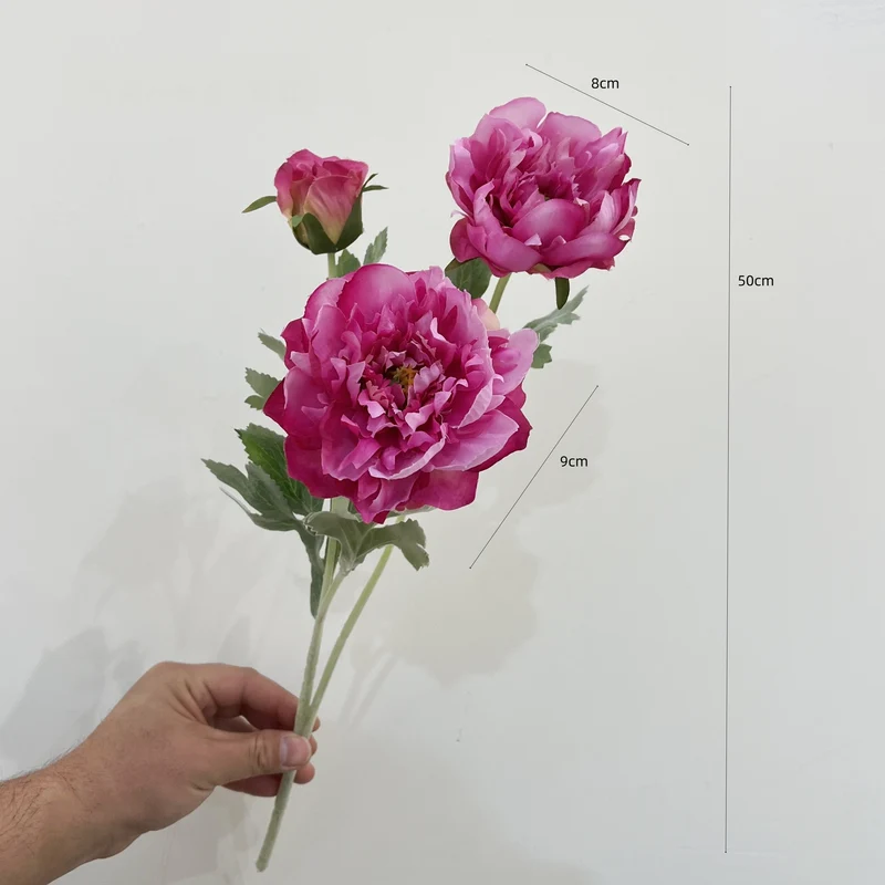 Künstliche Pfingstrose, 1 Stiel mit 3 Blüten, 50 cm hoch, Seidenstoff, für Innenraum-Deko, Hochzeit, Event, Ladenlokal