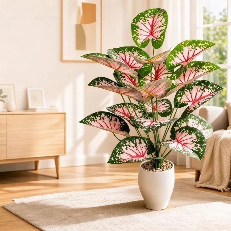Künstliche Caladium-Pflanze in Rosa, 53 cm, für Innen- und Außendekoration, Wohnzimmer, Hochzeit, Büro
