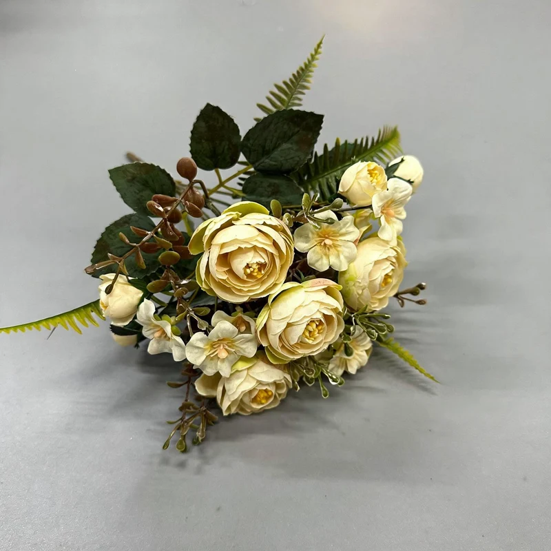 Künstliche Camellia-Blütenstrauß, 31 cm, Seidenstoff, 16 Blüten, Hochzeit Dekoration, Innenraumgestaltung, Grabschmuck
