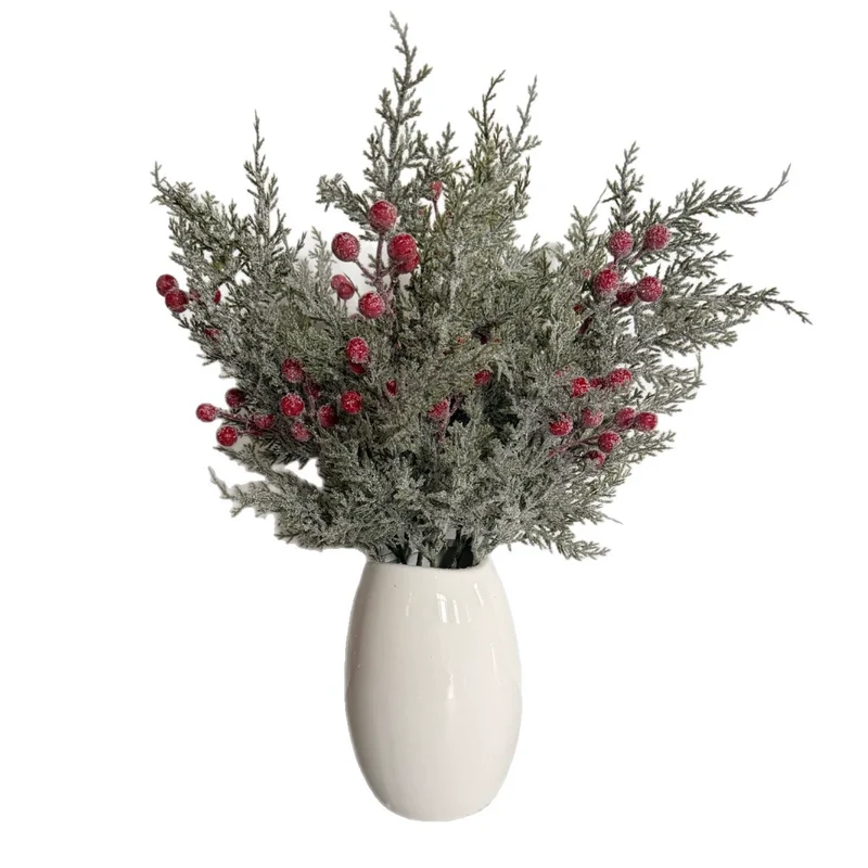 Künstliche Kiefernzweig mit roten Beeren, 50 cm, realistische Deko für Hochzeit, Weihnachten, Grabgestaltung, Innenraum