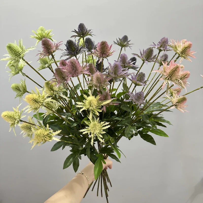 Künstliche Eryngium-Blüten, 60 cm, Ins-Stil, Kunststoff, für Hochzeiten und Wohnkultur, 4 Blütenköpfe