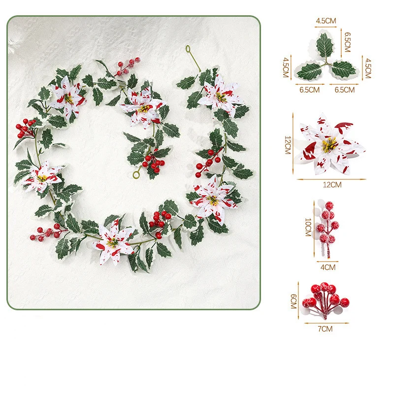 Künstliche Weihnachts-Pflanzenkette 175 cm, Poinsettia-Beeren in Rot-Weiß, festliche Deko für Zuhause & Events, realistische Optik, langlebig, allergenfrei