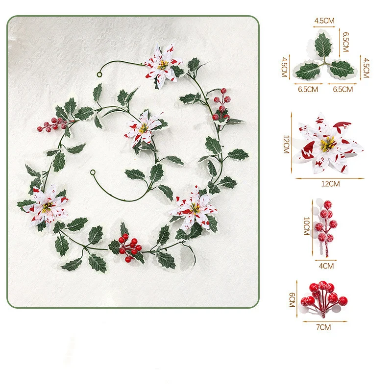 Künstliche Weihnachts-Pflanzenkette 175 cm, Poinsettia-Beeren in Rot-Weiß, festliche Deko für Zuhause & Events, realistische Optik, langlebig, allergenfrei