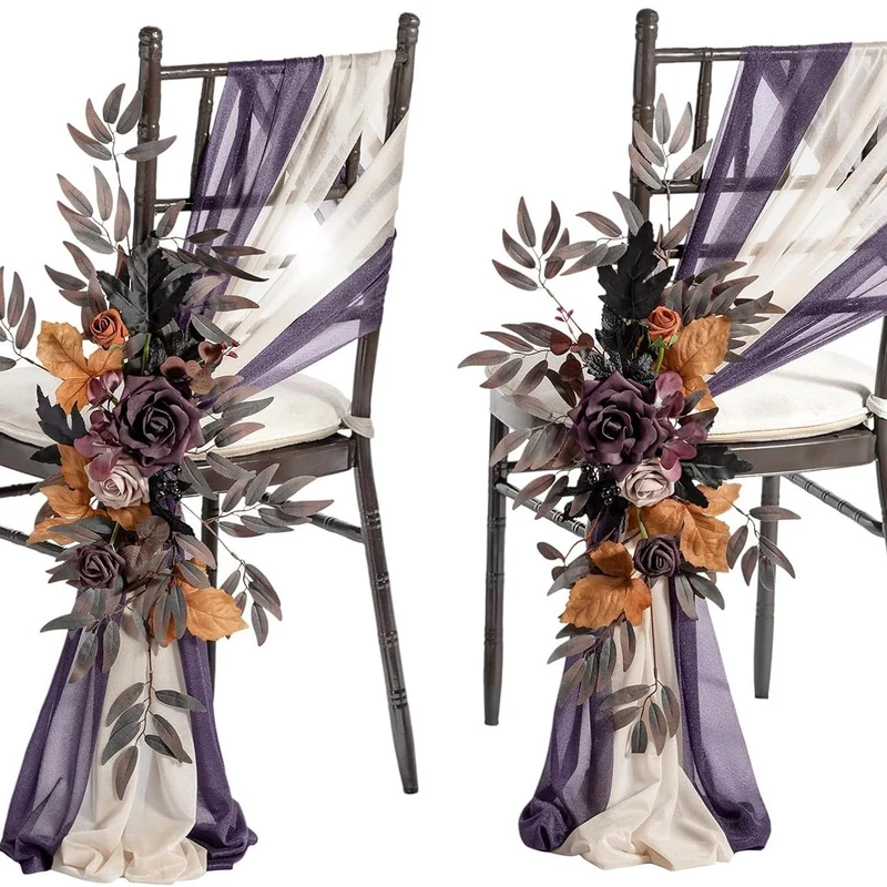 Künstliche Blumen-Girlande für Stuhlrücken, 60 cm, mit 2 Chiffon-Bändern, Hochzeitsdekoration, Outdoor-Deko