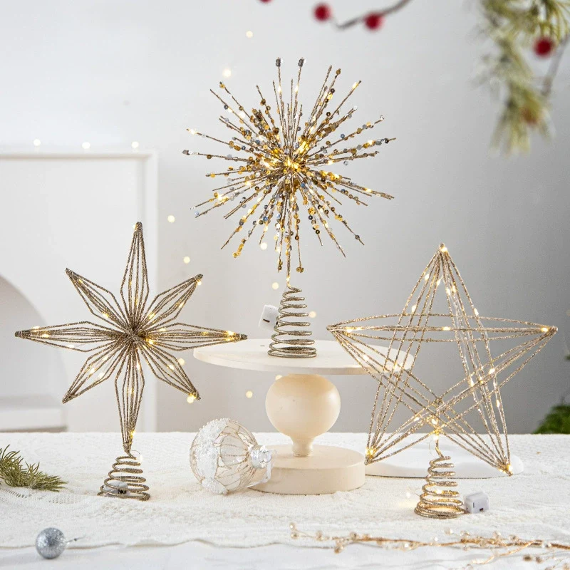Weihnachtsbaumspitze Stern 5-zackig mit Lichtern – 6 Designs – Hochwertige Weihnachtsdeko für Baum, Hochzeit, Party, Fest