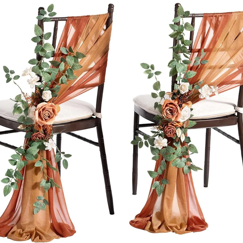 Künstliche Stuhldekoration für Hochzeiten, 60 cm langer Blumenstrauß mit 2x transparenten Organza-Bändern (20x250 cm), Outdoor-tauglich