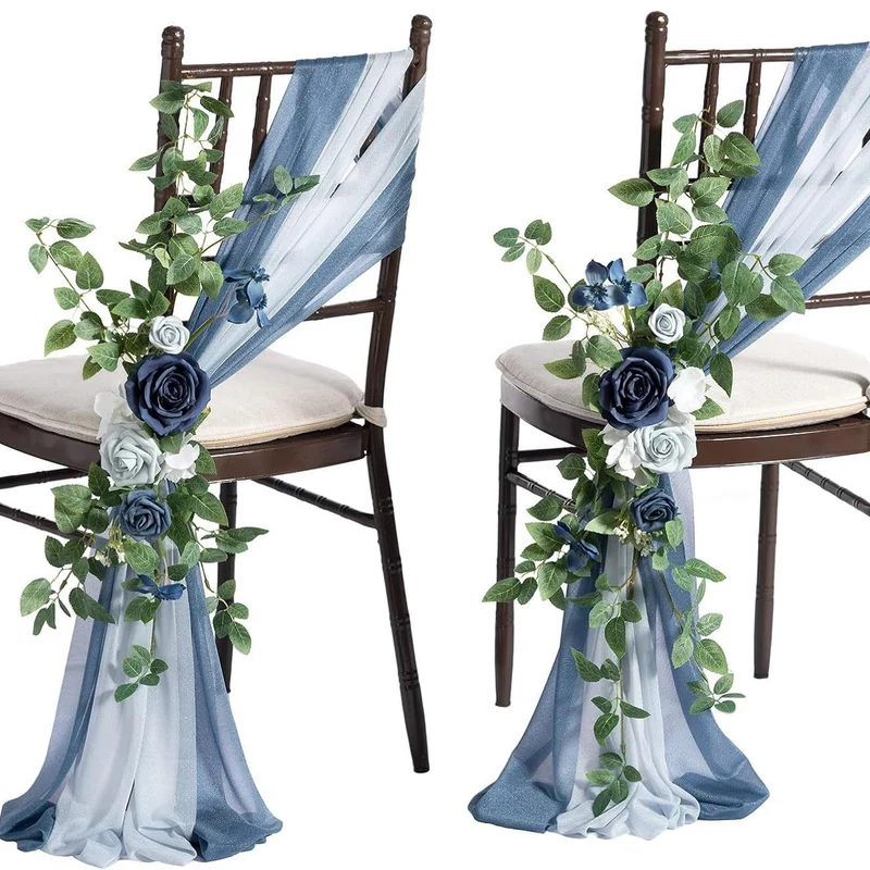 Künstliche Stuhldekoration für Hochzeiten, 60 cm langer Blumenstrauß mit 2x transparenten Organza-Bändern (20x250 cm), Outdoor-tauglich