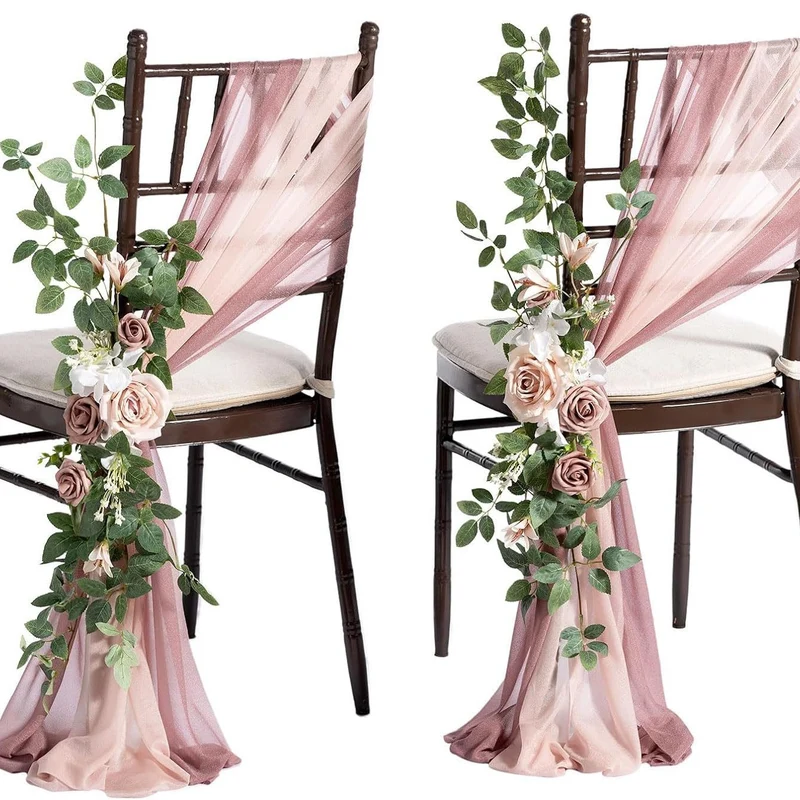 Künstliche Stuhldekoration für Hochzeiten, 60 cm langer Blumenstrauß mit 2x transparenten Organza-Bändern (20x250 cm), Outdoor-tauglich